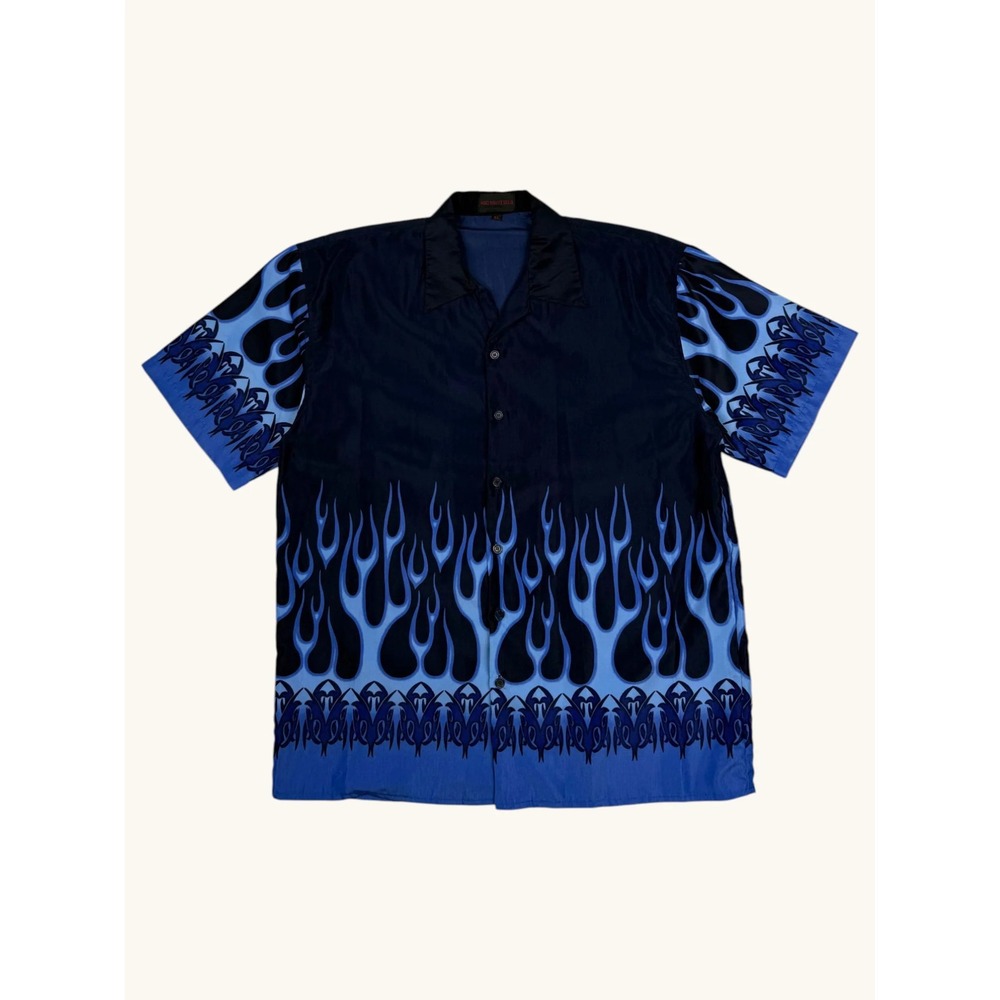 Big Brother Mens XL Blue Flame Graphic Short Sleeve Button Down Shirt Y2K Navy